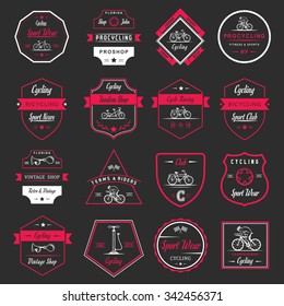 Set of vintage, modern and retro logo badges and labels bicycle, pro bike, shop, equipment and club. Cycling typographic sign, icons and old emblems - Stock Vector