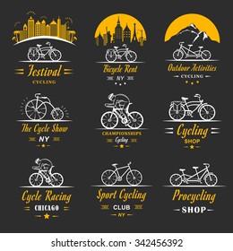 Set of vintage, modern and retro logo badges and labels bicycle, pro bike, shop, equipment and club. Cycling typographic sign, icons and old emblems - Stock Vector