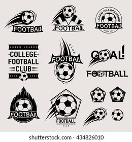 Set of vintage, modern and retro logo badges, labels football game, club, sign Goal, soccer ball. Sport typography text, icons, old emblems. Vector illustration