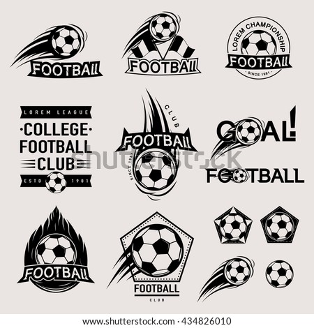 Set of vintage, modern and retro logo badges, labels football game, club, sign Goal, soccer ball. Sport typography text, icons, old emblems. Vector illustration