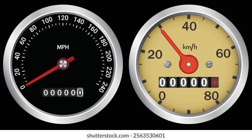 Set of vintage and modern speedometer isolated on black background. Graphic vector