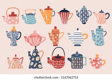 Set of vintage and modern tea pots with various shapes and prints. Cute kitchenware. Trendy colors, hand drawn style.