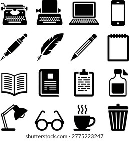 Set of vintage and modern writing and office icons featuring typewriter laptop pen notebook coffee cup trash can