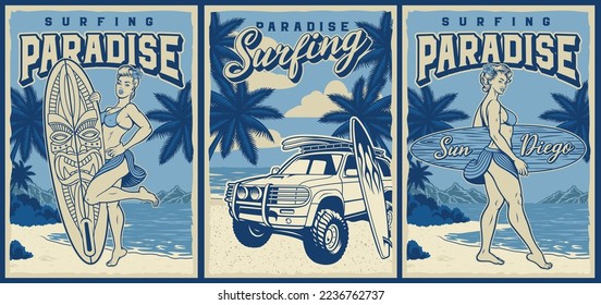 Set of vintage monochorme posters for a surfing theme with different pin up girls on the beach