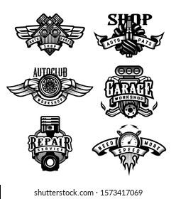 Set of vintage monochrome auto emblems, badges, logos.