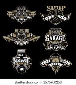 Set of vintage monochrome auto emblems, badges, logos on a dark background.