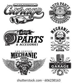 Set of vintage monochrome auto repair service templates of emblems, labels, badges and logos. Isolated on white background.