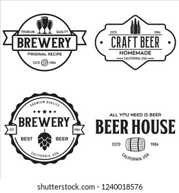 Set of vintage monochrome badge, logo templates and design elements for beer house, bar, pub, brewing company, brewery, tavern, restaurant. Isolated illustration.