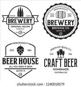 Set of vintage monochrome badge, logo templates and design elements for beer house, bar, pub, brewing company, brewery, tavern, restaurant. Isolated illustration.