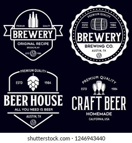 Set of vintage monochrome badge, logo templates and design elements for beer house, bar, pub, brewing company, brewery, tavern, restaurant. Isolated illustration.