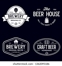 Set of vintage monochrome badge, logo templates and design elements for beer house, bar, pub, brewing company, brewery, tavern, restaurant. Isolated illustration.