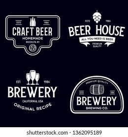 Set of vintage monochrome badge, logo templates and design elements for beer house, bar, pub, brewing company, brewery, tavern, restaurant. Isolated illustration.