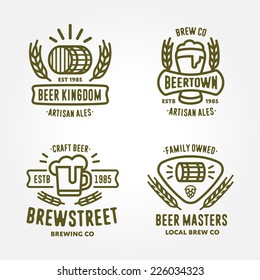 Set of vintage monochrome badge, logo templates and design elements for beer house, bar, pub, brewing company, brewery, tavern, restaurant (mug, glass, barrel, wheat, hop icons)