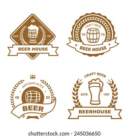 Set of vintage monochrome badge, logo  and design elements for beer house, bar, pub, brewing company, brewery, tavern, restaurant - mug, glass, barrel, wheat icons