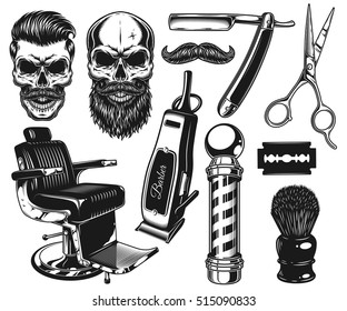 Set of vintage monochrome barber tools and elements. Isolated on white