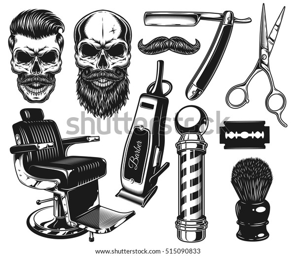 Set of vintage monochrome barber tools and\
elements. Isolated on\
white