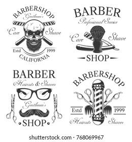 Set of vintage monochrome barbershop emblems, labels, badges, logos isolated on white background