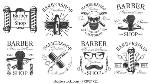 Set of vintage monochrome barbershop emblems, labels, badges, logos isolated on white background