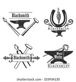 Set of vintage monochrome blacksmith labels and design elements. Vector illustration.