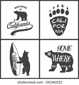Set of vintage monochrome california emblems and design elements. Typography illustrations. California Republic bear. Vector EPS8 illustration. 