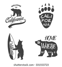 Set of vintage monochrome california emblems and design elements. Typography illustrations. California Republic bear. Vector EPS8 illustration. 