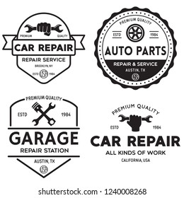 Set of vintage monochrome car repair service templates of emblems, labels, badges and logos. Service station auto parts tires shop mechanic on duty. Vector illustration.