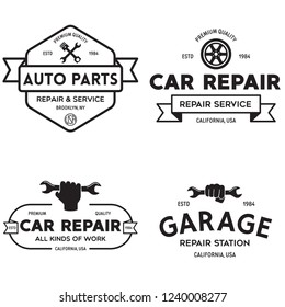 Set of vintage monochrome car repair service templates of emblems, labels, badges and logos. Service station auto parts tires shop mechanic on duty. Vector illustration.