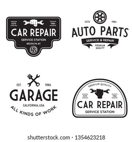 Set of vintage monochrome car repair service templates of emblems, labels, badges and logos. Service station auto parts tires shop mechanic on duty. Vector illustration.