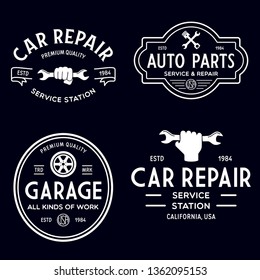Set of vintage monochrome car repair service templates of emblems, labels, badges and logos. Service station auto parts tires shop mechanic on duty. Vector illustration.