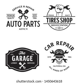 Set of vintage monochrome car repair service templates of emblems, labels, badges and logos. Service station auto parts tires shop mechanic on duty. Vector illustration.