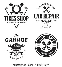 Set of vintage monochrome car repair service templates of emblems, labels, badges and logos. Service station auto parts tires shop mechanic on duty. Vector illustration.