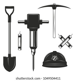 Set of vintage monochrome coal mining elements. Vector illustration
