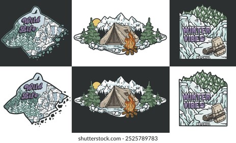 Set of vintage monochrome and colored illustrations with camping tent, bonfire, snowy mountains and bear silhouette, perfect for winter sports, outdoor activities and adventure lovers