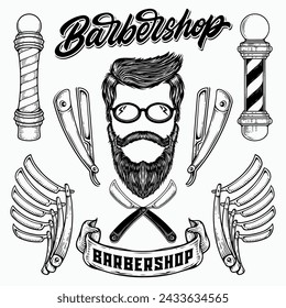 Set of vintage monochrome element barbershop. Vector logo design concept. Black color on white background