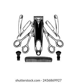 Set of vintage monochrome element barbershop. Vector logo design concept. Black color on white background