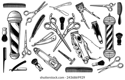 Set of vintage monochrome element barbershop. Vector logo design concept. Black color on white background