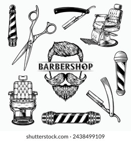 Juego de barbería monocromática vintage. Concepto de diseño de logotipo vectorial