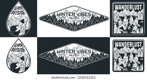 Set of vintage monochrome emblems, badges and logos, with people camping in the snow, snowboarding and enjoying the winter vibes