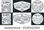 Set of vintage monochrome emblems featuring people enjoying winter sports and activities such as snowshoeing in snowy mountainous landscapes