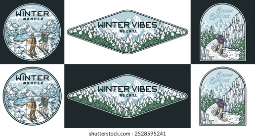 Set of vintage monochrome emblems with people enjoying winter sports and snowy mountain landscapes, perfect for t shirt prints or stickers