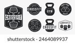 Set of Vintage monochrome fitness gym CrossFit emblem logo on white background