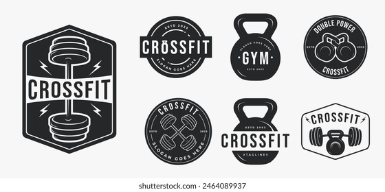 Set of Vintage monochrome fitness gym CrossFit emblem logo on white background