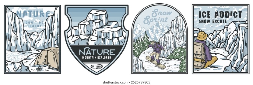 Set of vintage monochrome illustrations on the theme of winter sports and outdoor recreation in the mountains, perfect for t shirt prints, posters or stickers