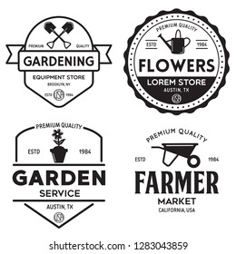 Set of vintage monochrome retro logo, badges, labels, emblems and design elements. Garden shop, service, center, flowers. Isolated vector illustration.