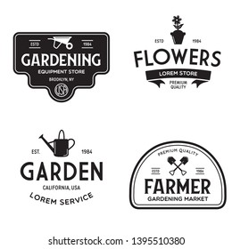 Set of vintage monochrome retro logo, badges, labels, emblems and design elements. Garden shop, service, center, flowers. Isolated vector illustration.