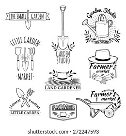 Set of vintage monochrome retro logos, badges, badges, labels. Shop garden, farm, organic garden. Vector.