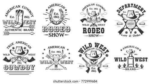 Set of vintage monochrome Rodeo show, Cowboy, Sheriff emblems, labels, badges, logos isolated on white background