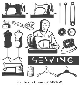 Set of vintage monochrome sewing elements. Tailor at work. Tailor tools isolated icon set. Scissors, sewing machine, iron, manne