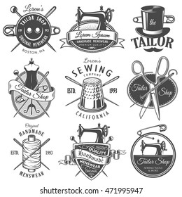 Set of vintage monochrome tailor emblems. Designer toolkit. Perfect for tailor, sewing companies and tailor shops logo, label, emblems and other signs
