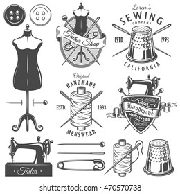 Set Of Vintage Monochrome Tailor Tools And Emblems. Designer Toolkit. Perfect For Logo, Label, Emblems And Other Signs